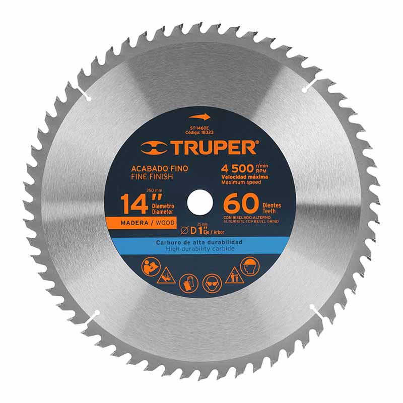 DISCO SIERRA 14' PARA MADERA, 60 DIENTES CENTRO 1', TRUPER