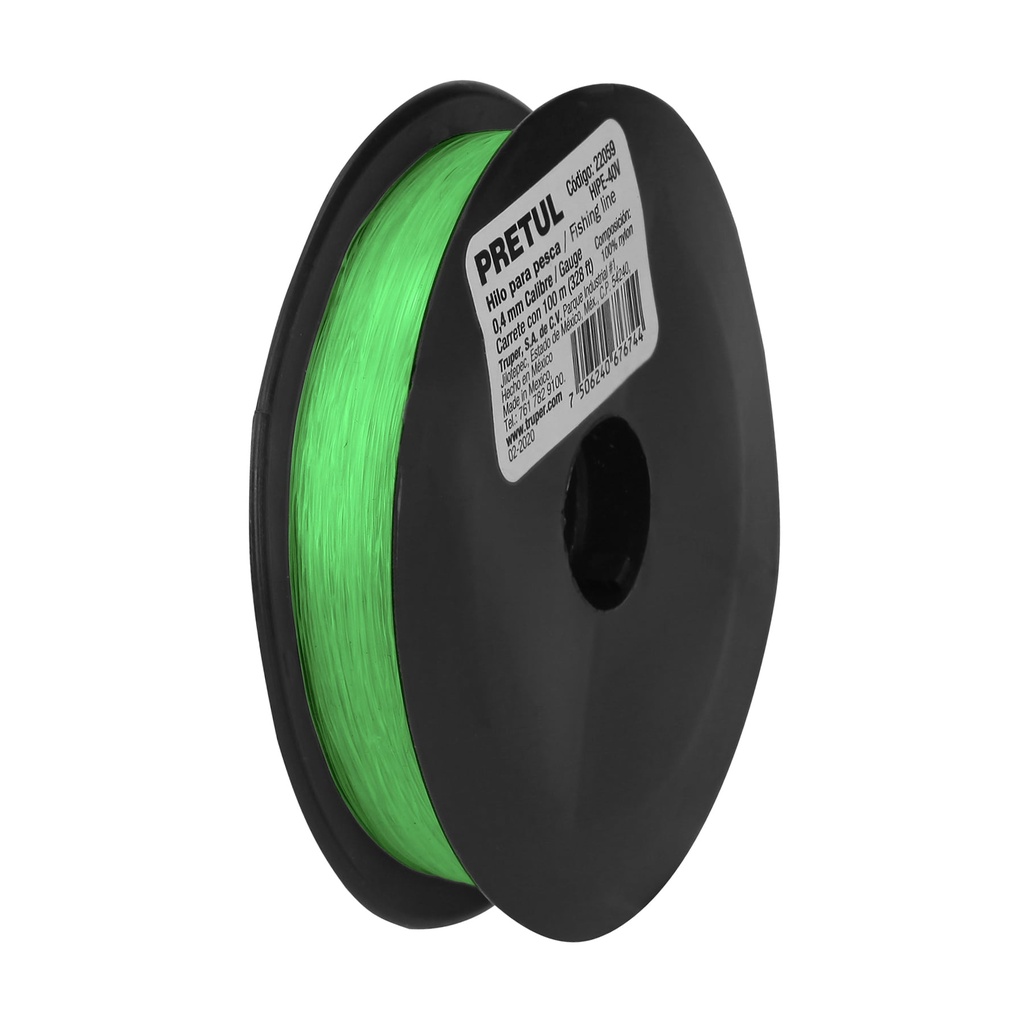 CARRETE CON 100 M DE HILO PARA PESCA VERDE CALIBRE 0.40 MM