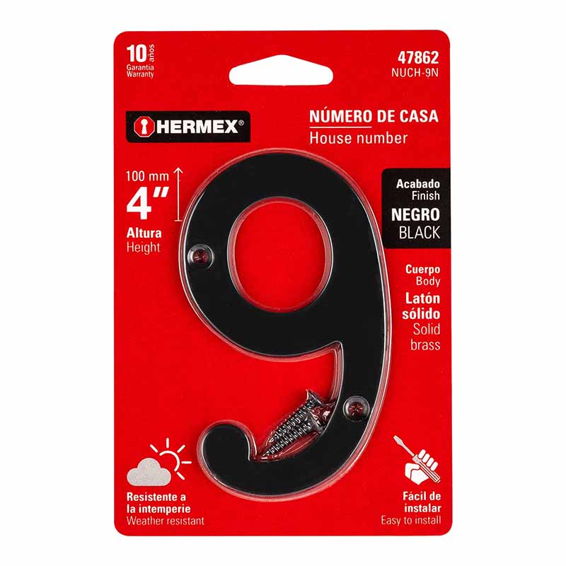 NÚMERO 9 DE LATÓN SÓLIDO 4', NEGRO,  HERMEX