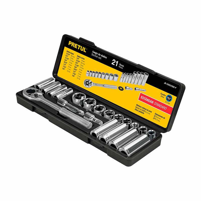 DADOS JGO DE 21 PZS STD JD-3/8X21SAE-P PRETUL            