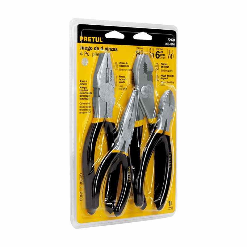 JUEGO DE 4 PINZAS, MANGOS DE PVC, PRETUL