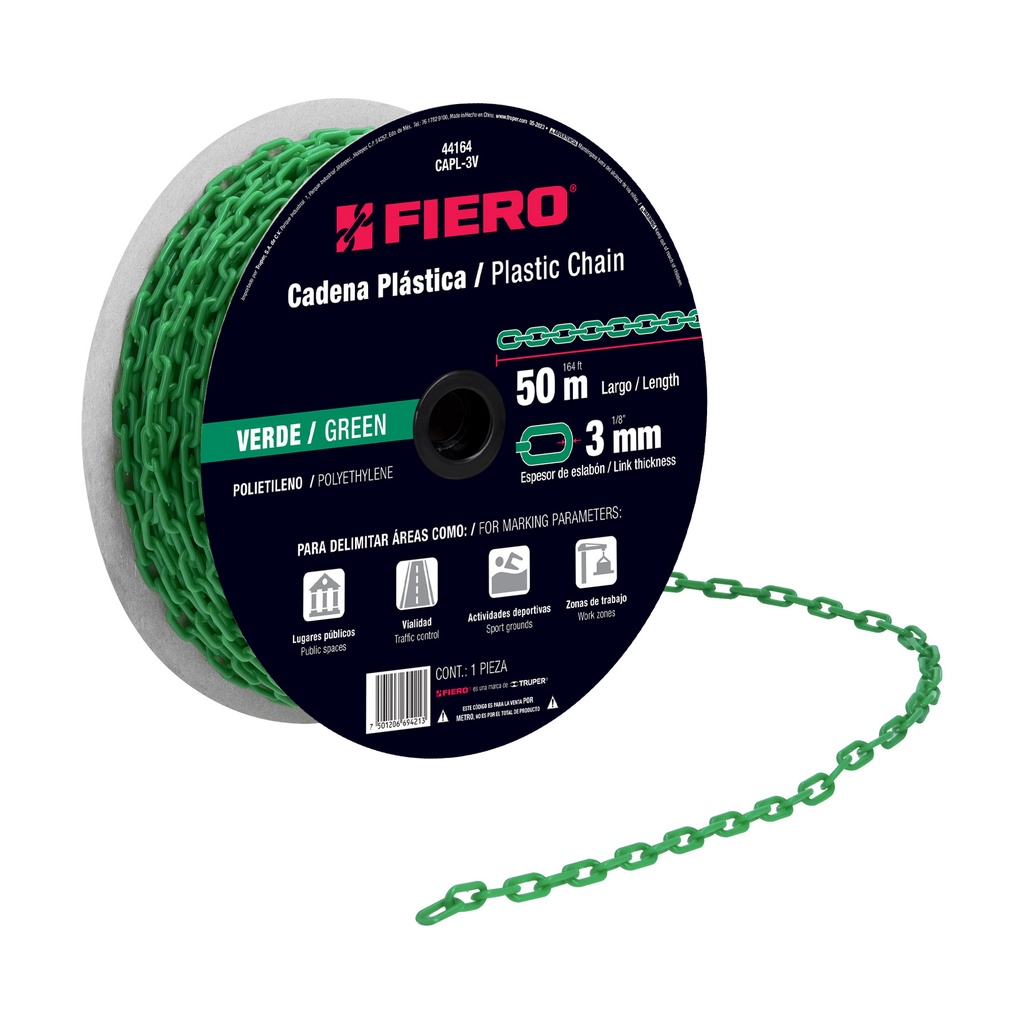 CADENA PLASTICO VERDE 3MM CAPL-3V 50 MTS FIERO     